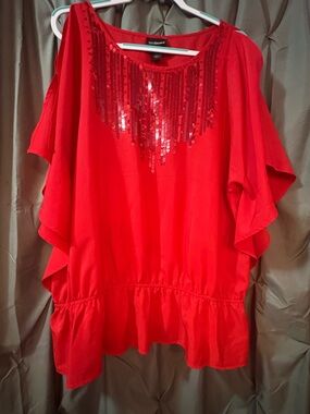 Lane Bryant Red Sequin Ruffle Sleeve Blouse